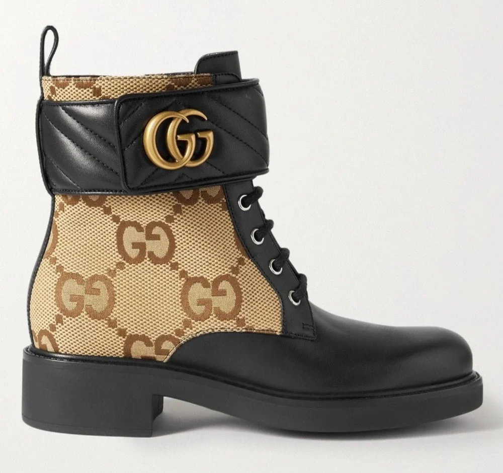 Gucci Marmont Black Leather Beige GG Coated Canvas Logo Print Combat Boots 38